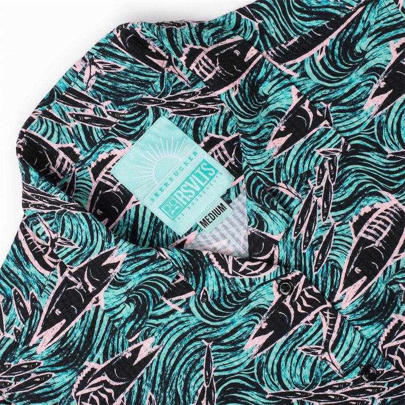 RSVLTS Fishies Women's Stretch Seersucker Short Sleeve Shirt in Green — detail 6
