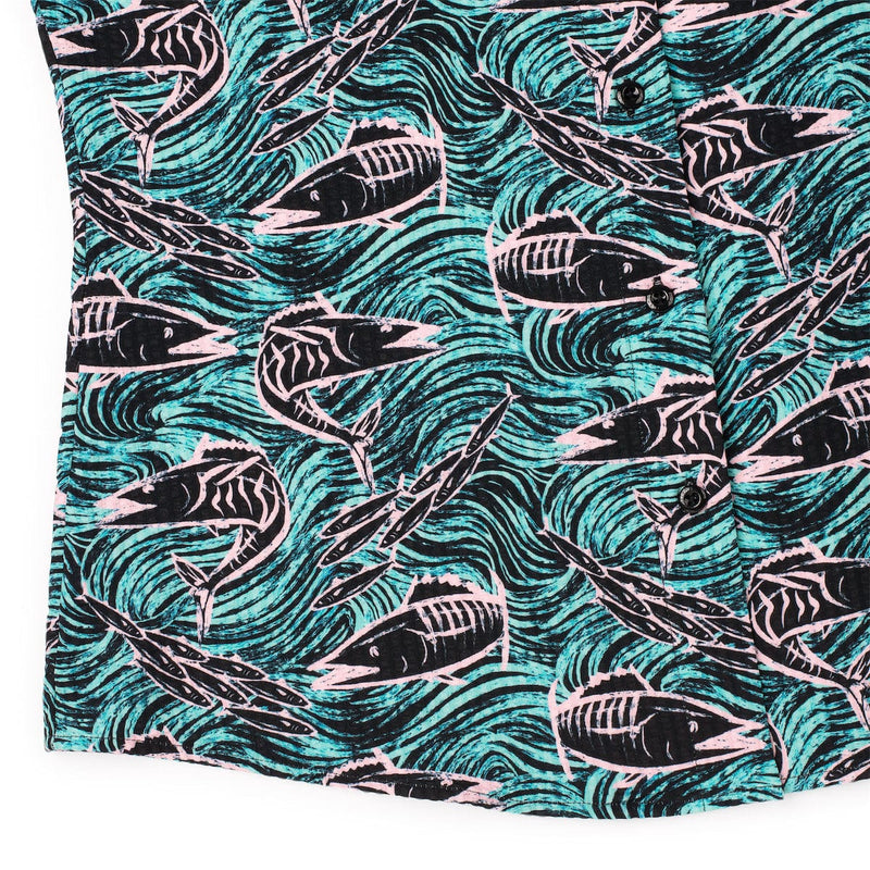 RSVLTS Fishies Women's Stretch Seersucker Short Sleeve Shirt in Green — detail 7