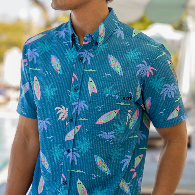 RSVLTS Gator Rays Stretch Seersucker Short Sleeve Shirt in Blue — front view