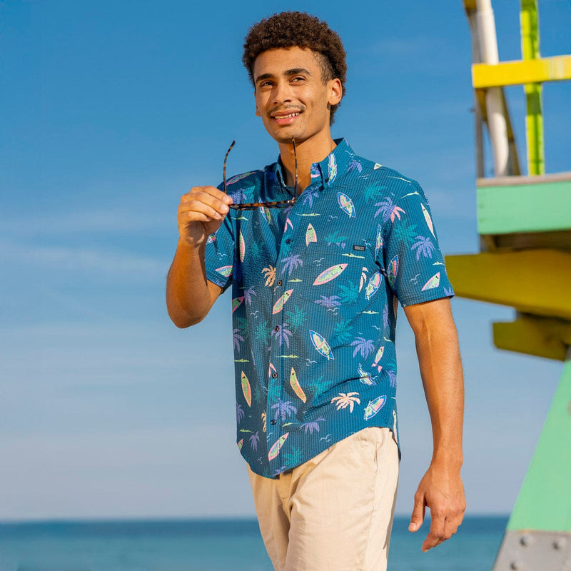 RSVLTS Gator Rays Stretch Seersucker Short Sleeve Shirt in Blue — detail 3