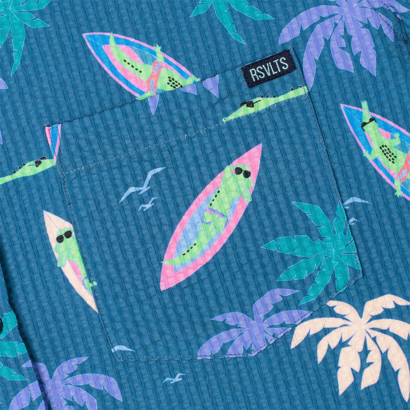 RSVLTS Gator Rays Stretch Seersucker Short Sleeve Shirt in Blue — detail 4