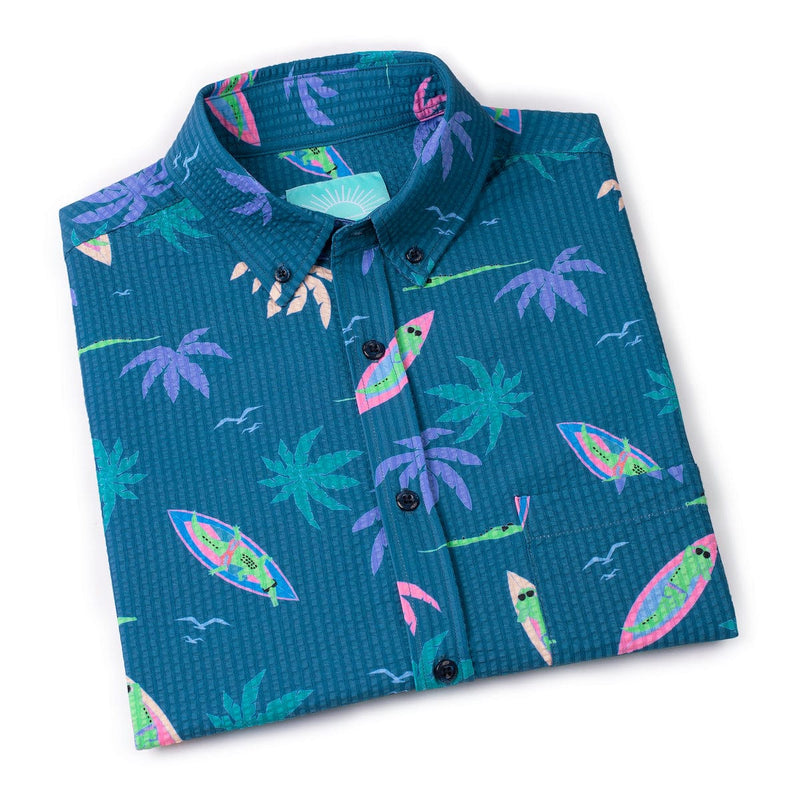 RSVLTS Gator Rays Stretch Seersucker Short Sleeve Shirt in Blue — detail 8