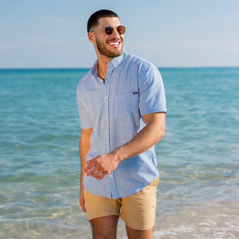 RSVLTS We Sail Without Him Stretch Seersucker Short Sleeve Shirt in Blue — front view