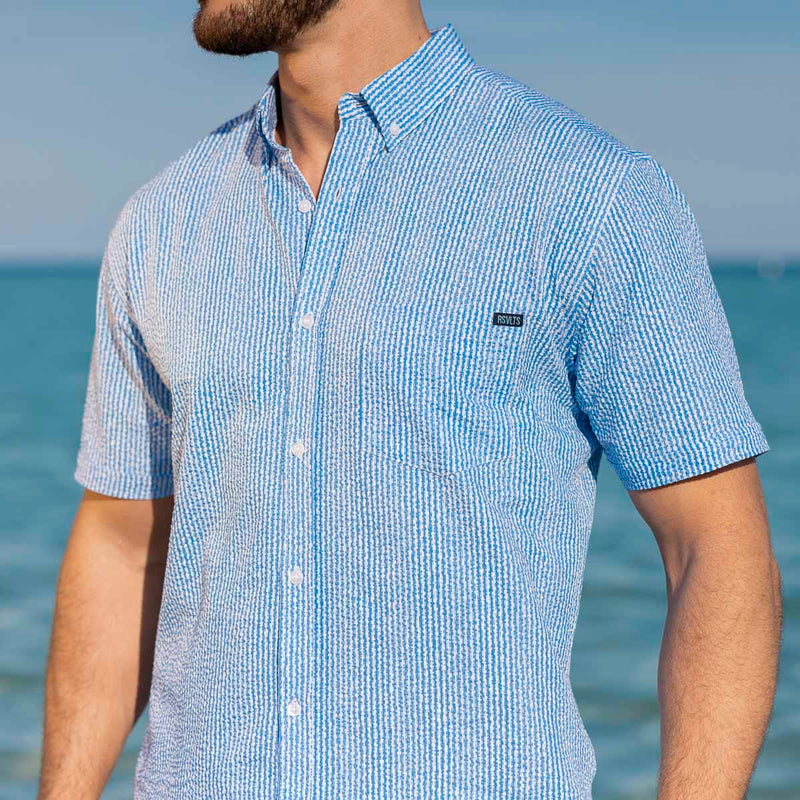 RSVLTS We Sail Without Him Stretch Seersucker Short Sleeve Shirt in Blue — detail 2