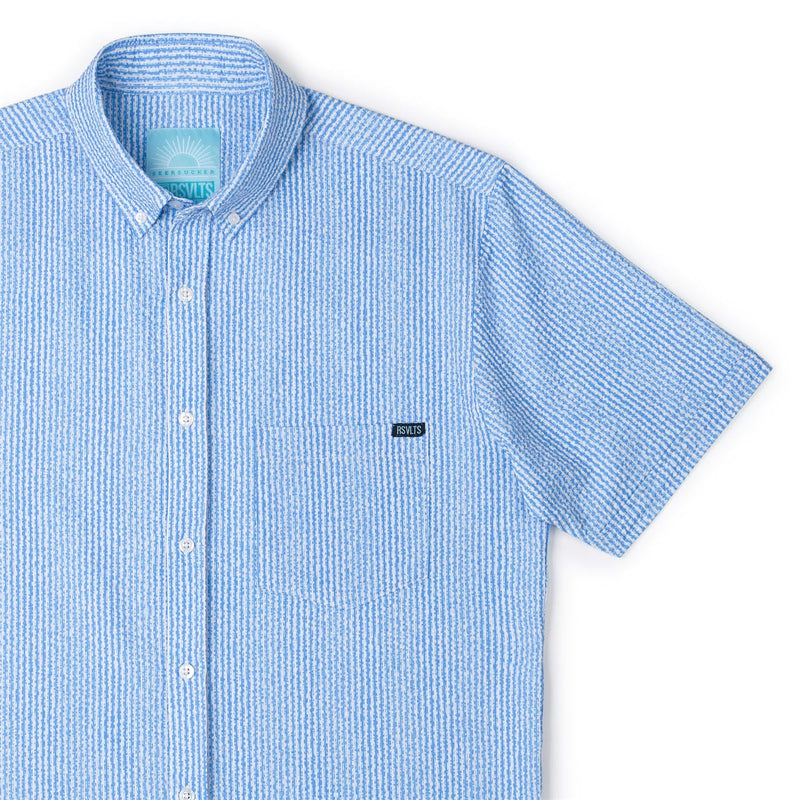 RSVLTS We Sail Without Him Stretch Seersucker Short Sleeve Shirt in Blue — detail 3