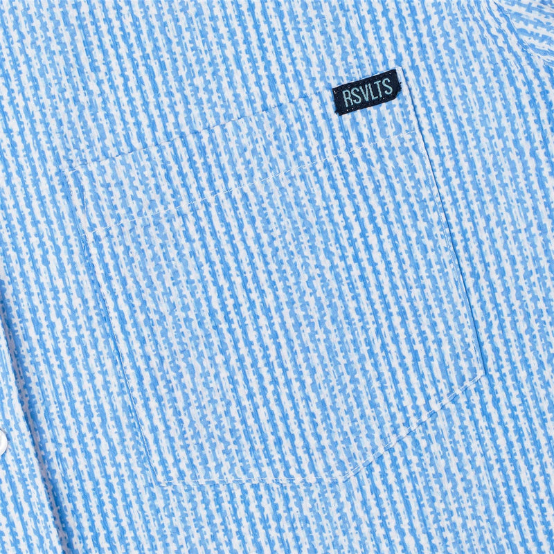 RSVLTS We Sail Without Him Stretch Seersucker Short Sleeve Shirt in Blue — detail 4