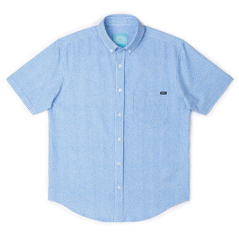 RSVLTS We Sail Without Him Stretch Seersucker Short Sleeve Shirt in Blue — detail 5