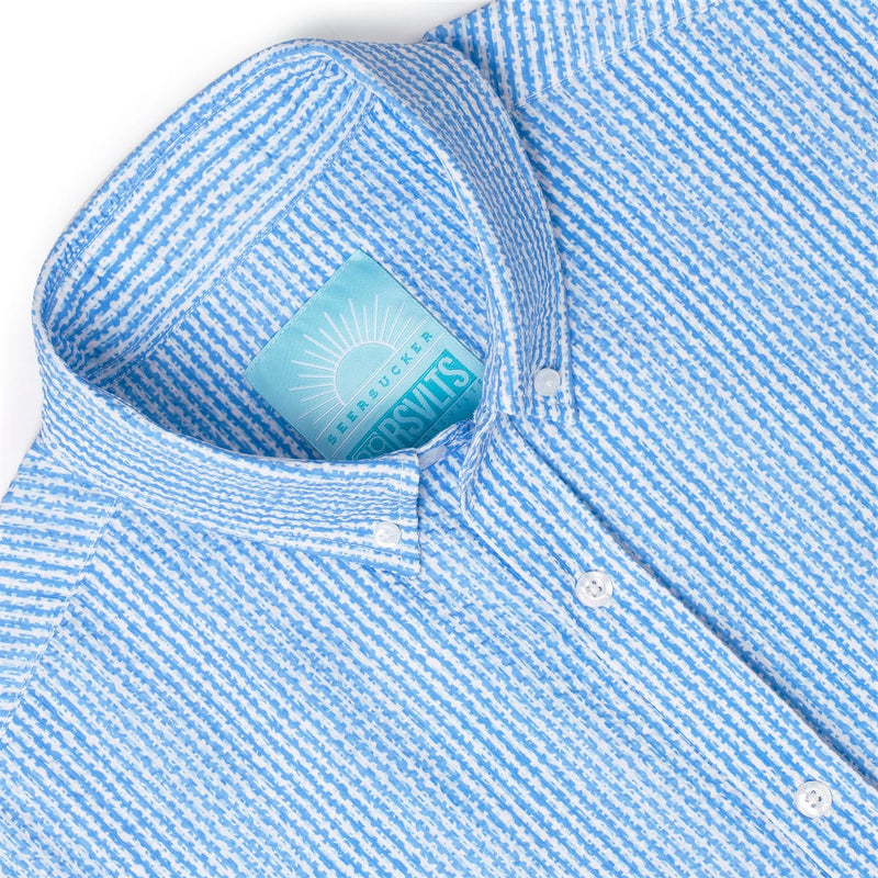 RSVLTS We Sail Without Him Stretch Seersucker Short Sleeve Shirt in Blue — detail 6