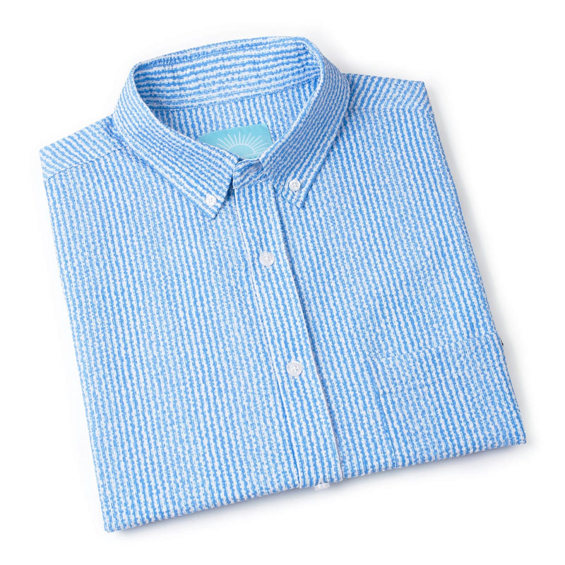 RSVLTS We Sail Without Him Stretch Seersucker Short Sleeve Shirt in Blue — detail 8