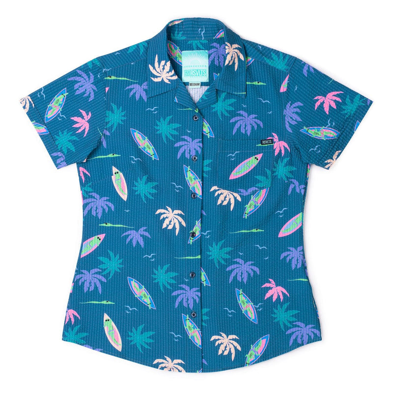 RSVLTS Gator Rays Women's Stretch Seersucker Short Sleeve Shirt in Blue — detail 2