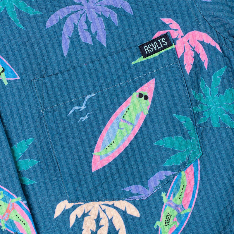 RSVLTS Gator Rays Women's Stretch Seersucker Short Sleeve Shirt in Blue — detail 4