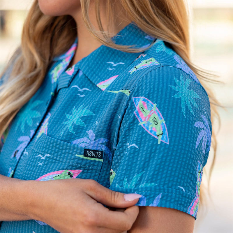 RSVLTS Gator Rays Women's Stretch Seersucker Short Sleeve Shirt in Blue — detail 5