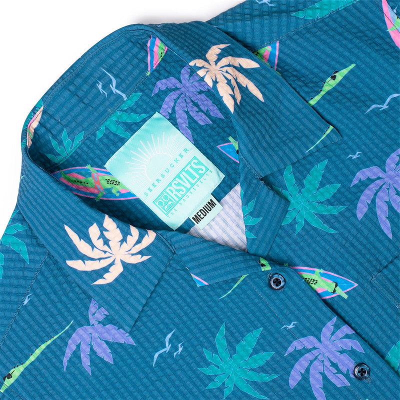 RSVLTS Gator Rays Women's Stretch Seersucker Short Sleeve Shirt in Blue — detail 6