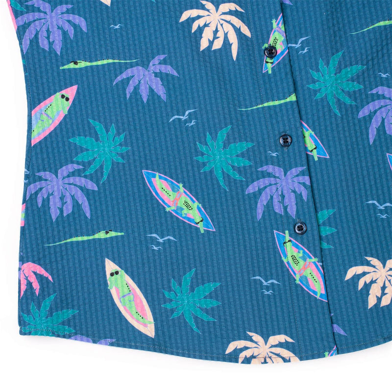 RSVLTS Gator Rays Women's Stretch Seersucker Short Sleeve Shirt in Blue — detail 7
