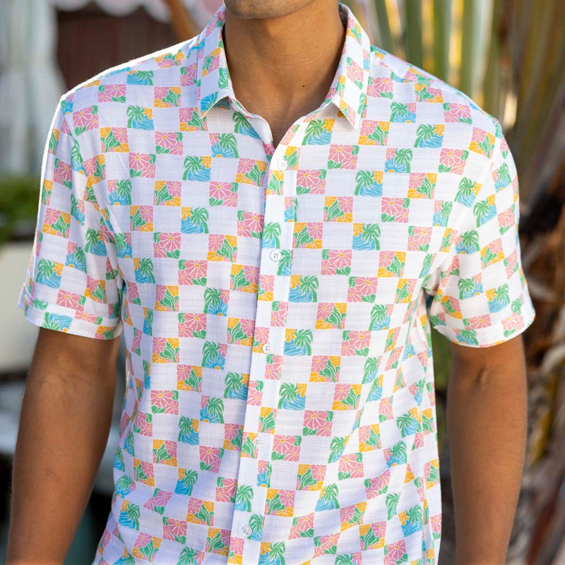 RSVLTS Late Checkout Bamboo Short Sleeve Shirt in Multicolor — front view