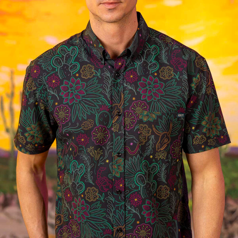 RSVLTS Midnight Mesa KUNUFLEX Short Sleeve Shirt in Black — front view