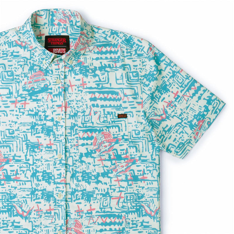 RSVLTS Surfer Boy Pizza KUNUFLEX Short Sleeve Shirt in Blue — front view