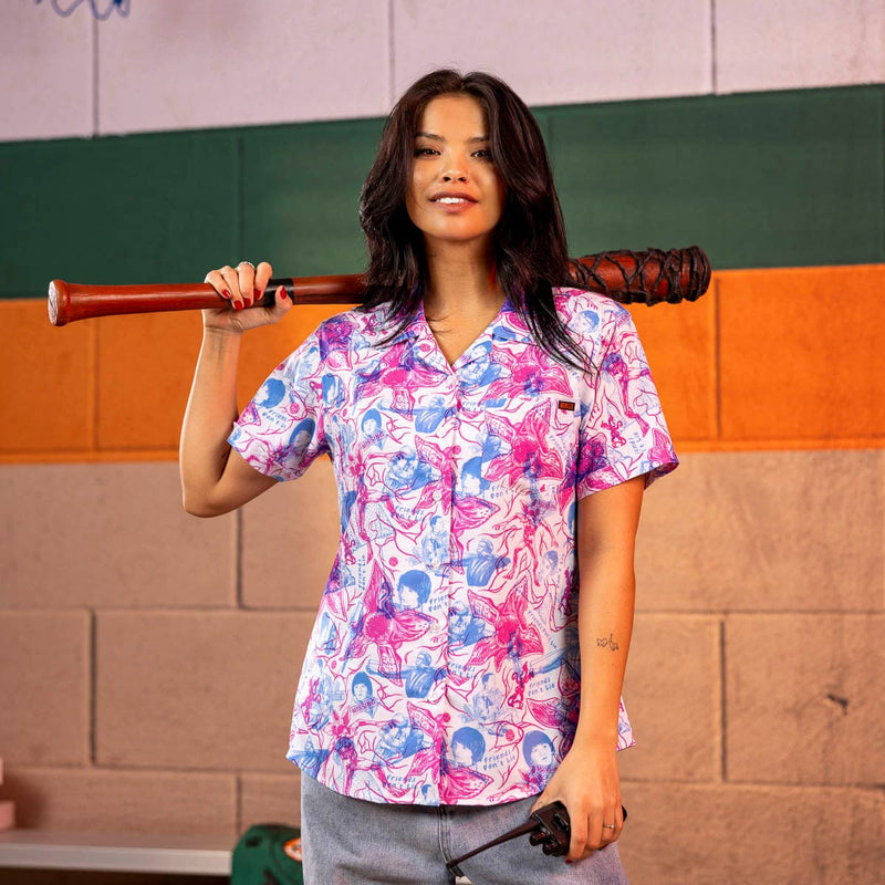 RSVLTS Friends Don't Lie Women's KUNUFLEX Short Sleeve Shirt in Blue — front view