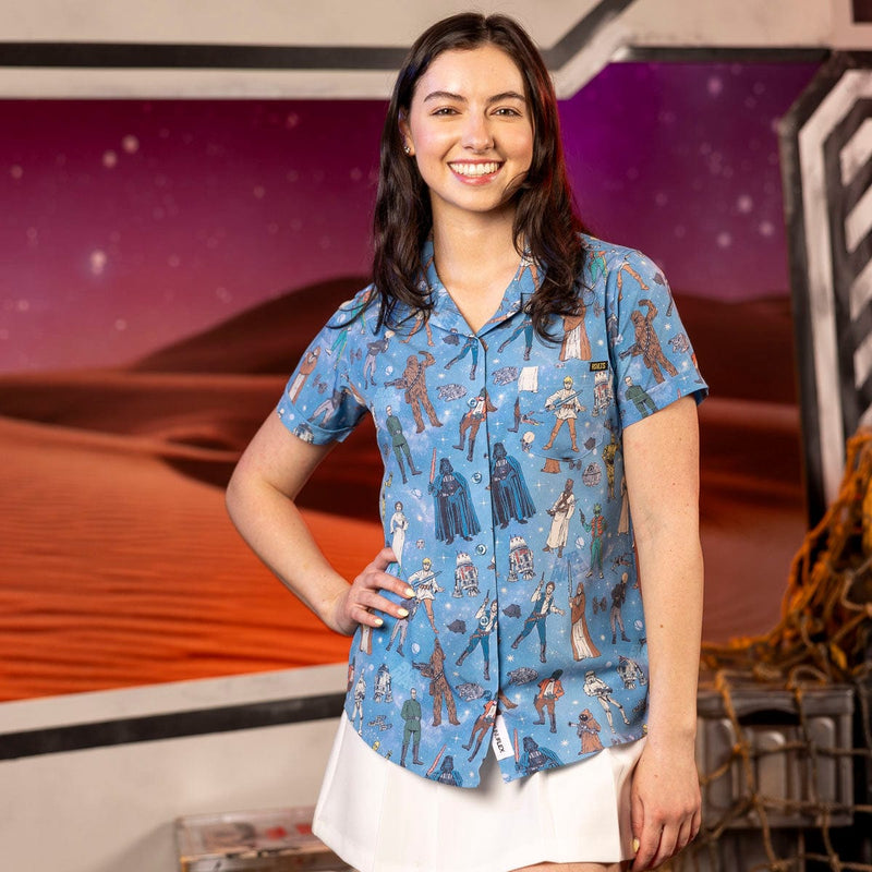 RSVLTS Retro ‘77 Women's KUNUFLEX Short Sleeve Shirt in Blue — front view