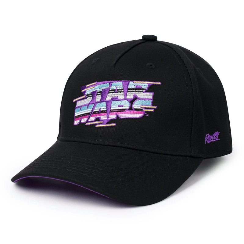 RSVLTS Synthwave Logo 5-Panel Curved Brim Hat in Black — front view