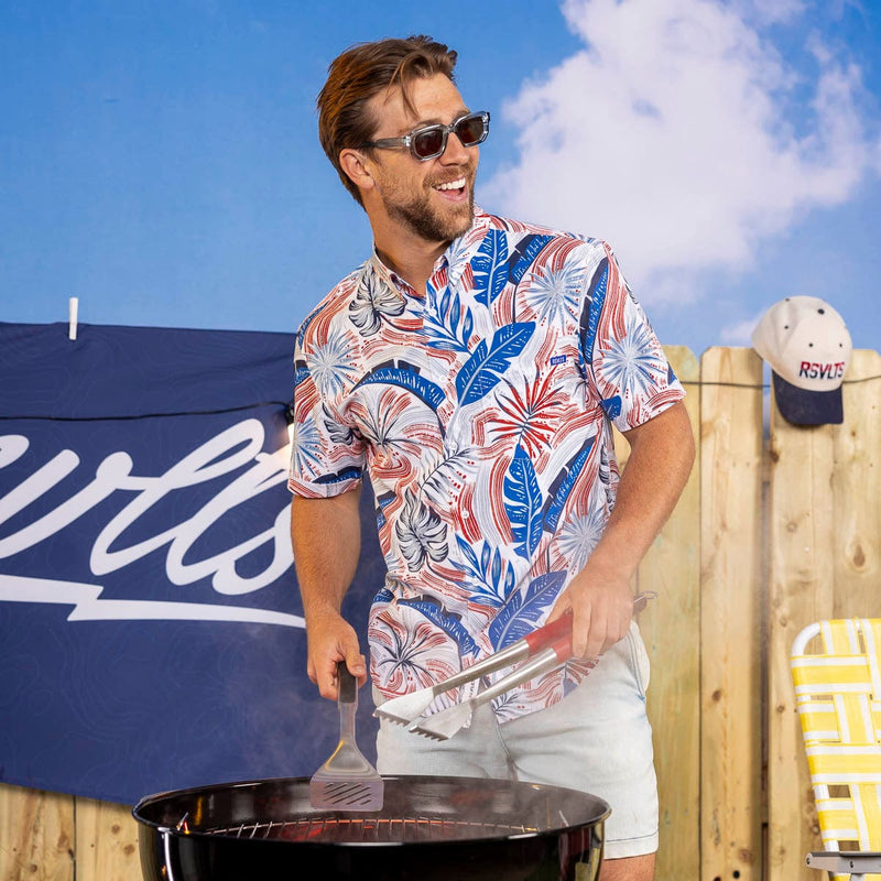 RSVLTS Palms Bursting in Air KUNUFLEX Short Sleeve Shirt in Blue — detail 2