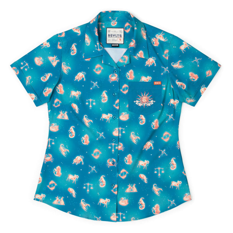 RSVLTS Star-Crossed Cosmos Women's KUNUFLEX Short Sleeve Shirt in Blue — front view
