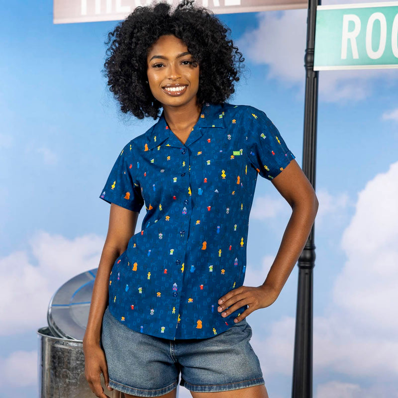 RSVLTS 8-Bit Buddies Women's KUNUFLEX Short Sleeve Shirt in Blue — front view