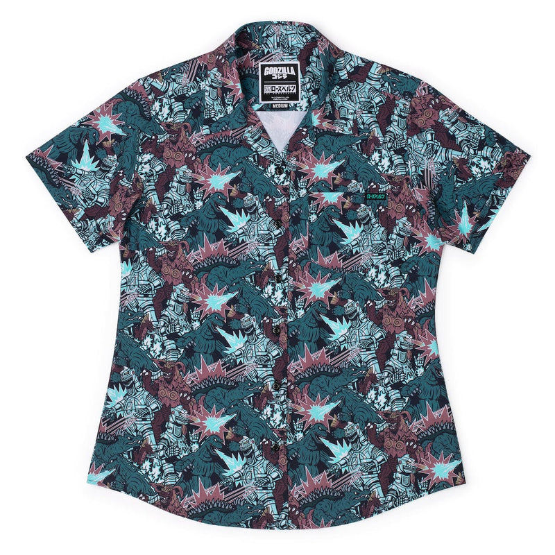 RSVLTS Monsters and Mecha Women's KUNUFLEX Short Sleeve Shirt in Brown — front view