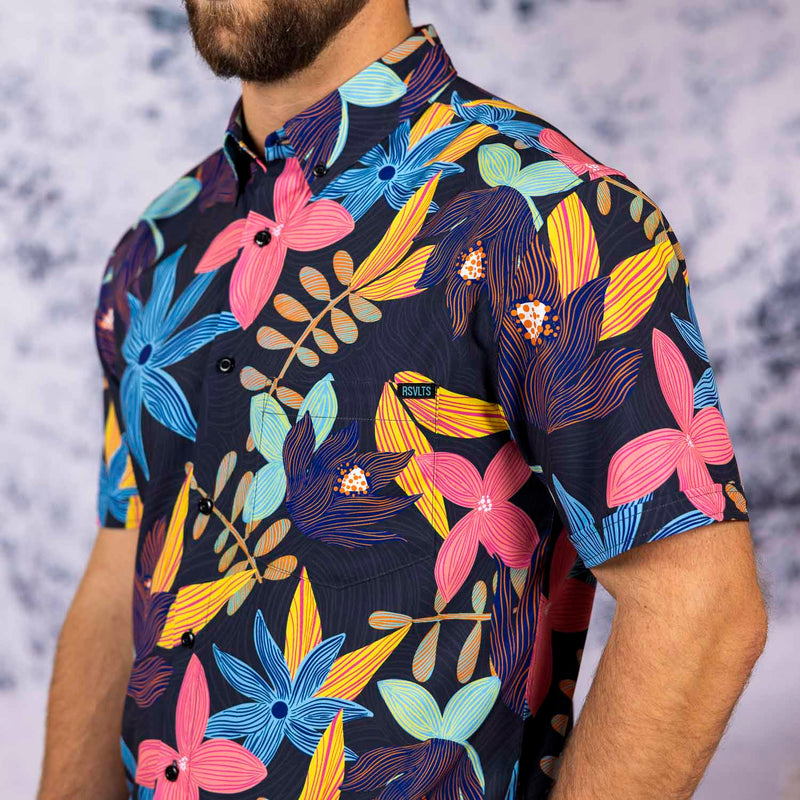 RSVLTS Petal Strokes KUNUFLEX Short Sleeve Shirt in Black — front view