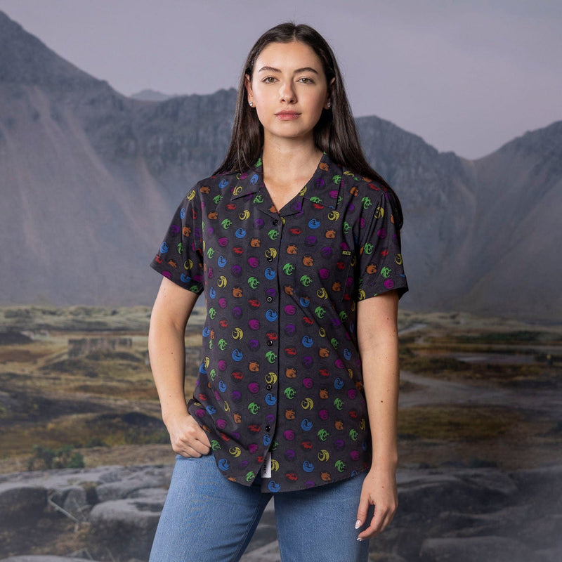 RSVLTS Sizzlin' Sigils Women's KUNUFLEX Short Sleeve Shirt in Gray — front view
