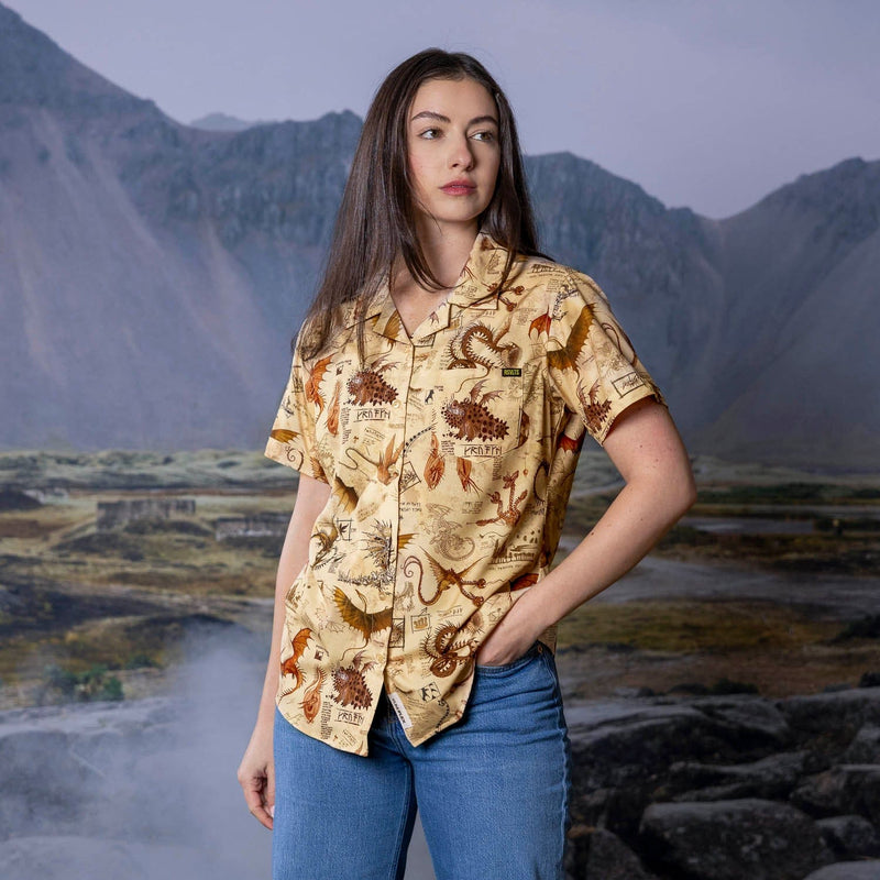 RSVLTS Book of Dragons Women's KUNUFLEX Short Sleeve Shirt in Brown — front view