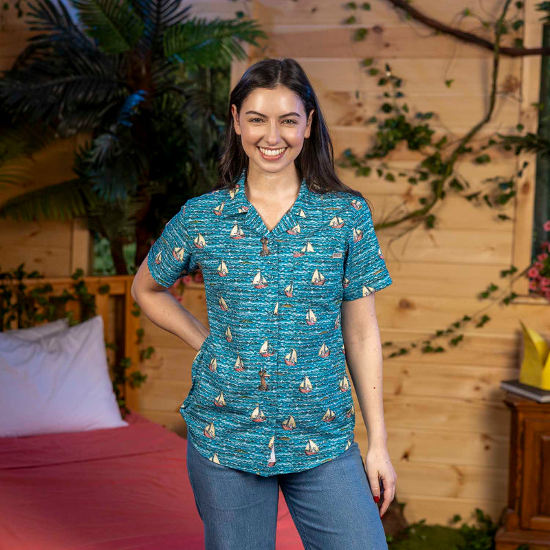 RSVLTS Max's Voyage Women's KUNUFLEX Short Sleeve Shirt in Blue — front view