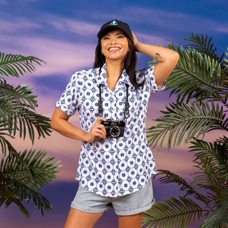 RSVLTS Isle Tile Mickeys Women's KUNUFLEX Short Sleeve Shirt in Blue — front view
