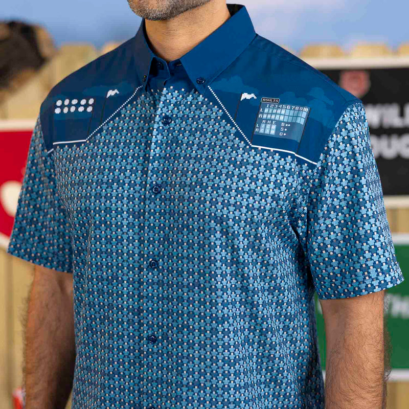 RSVLTS 8-Bit Ballpark KUNUFLEX Short Sleeve Shirt in Blue — front view