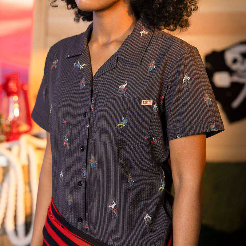 RSVLTS Shiver Me Timbers Women's Stretch Seersucker Short Sleeve Shirt in Black — detail 3