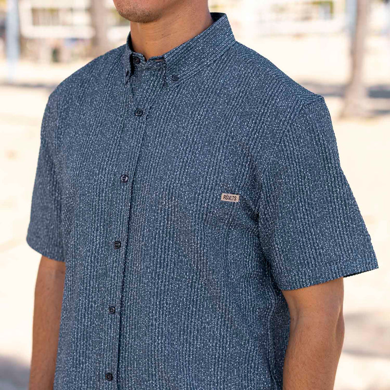 RSVLTS Static Stretch Seersucker Short Sleeve Shirt in Blue — front view