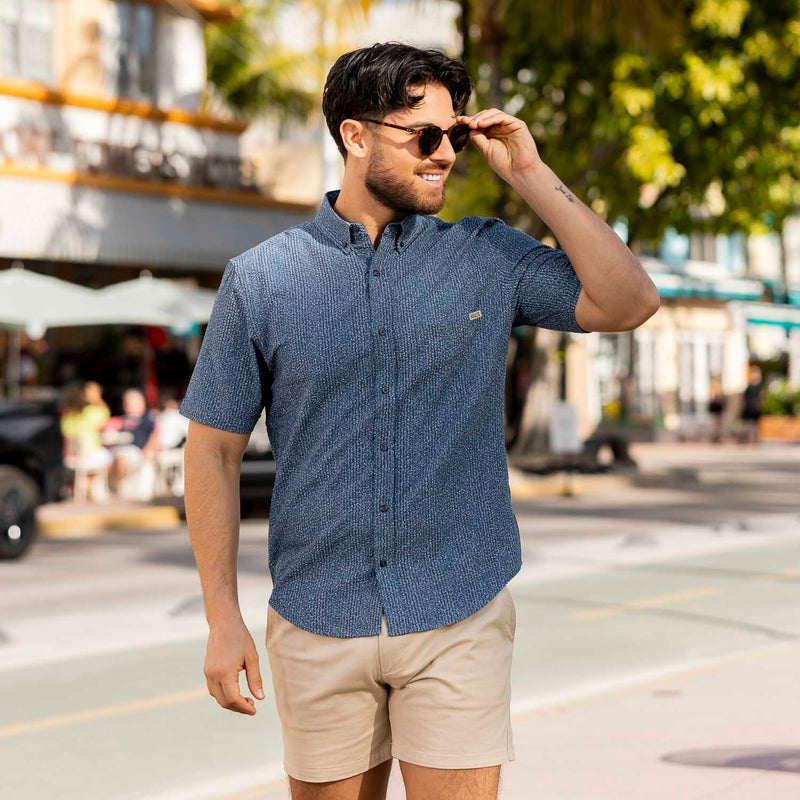RSVLTS Static Stretch Seersucker Short Sleeve Shirt in Blue — detail 3