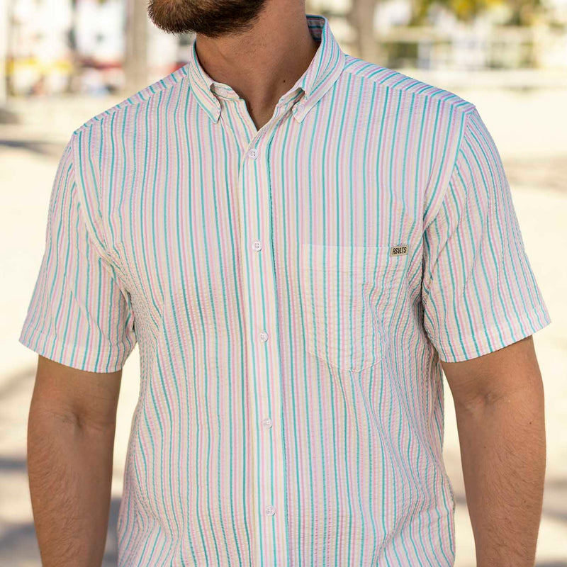 RSVLTS Easy Does It Stretch Seersucker Short Sleeve Shirt in White — front view
