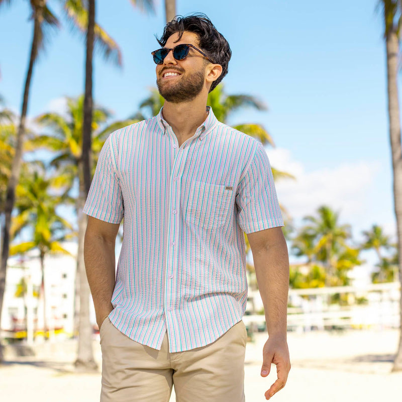 RSVLTS Easy Does It Stretch Seersucker Short Sleeve Shirt in White — detail 3