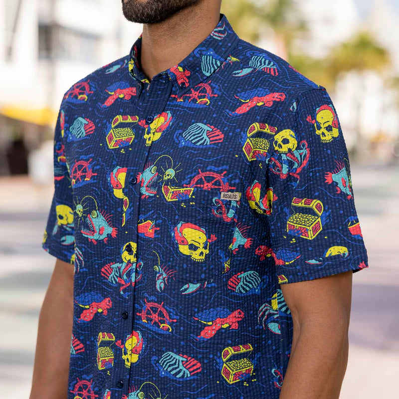 RSVLTS What Lies Beneath Stretch Seersucker Short Sleeve Shirt in Blue — front view