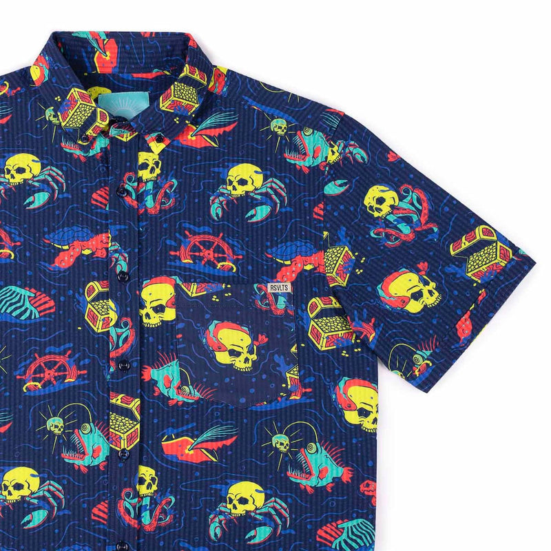 RSVLTS What Lies Beneath Stretch Seersucker Short Sleeve Shirt in Blue — detail 2