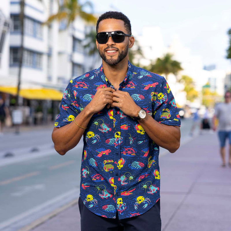 RSVLTS What Lies Beneath Stretch Seersucker Short Sleeve Shirt in Blue — detail 3