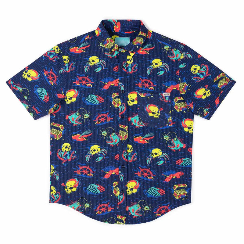 RSVLTS What Lies Beneath Stretch Seersucker Short Sleeve Shirt in Blue — detail 6
