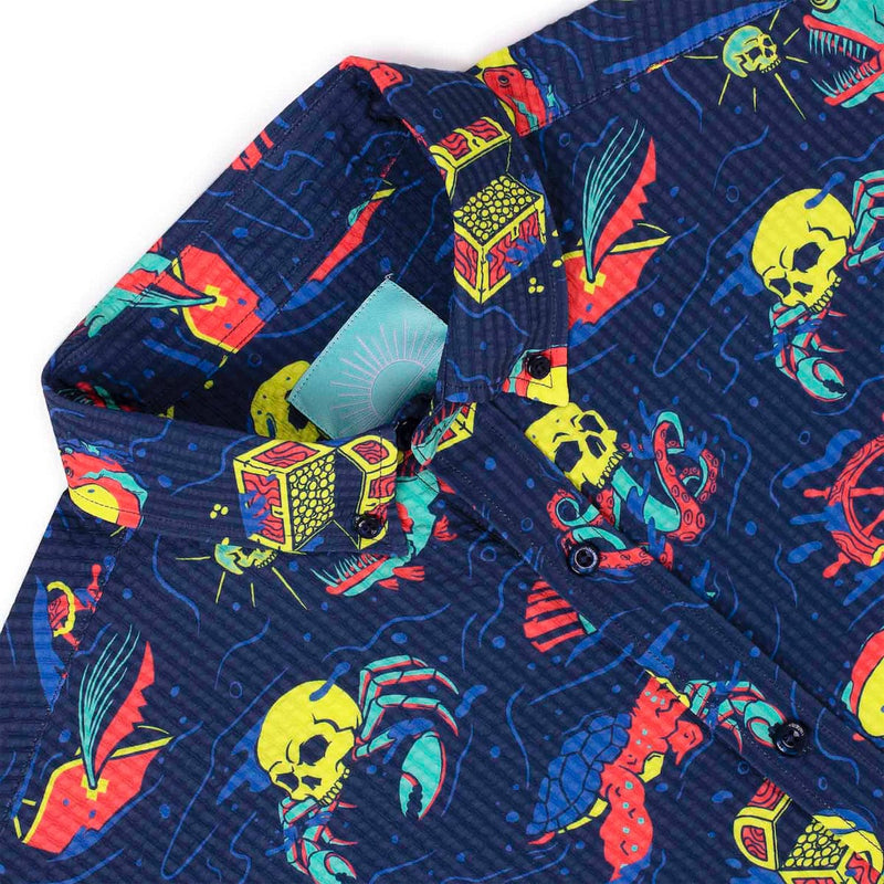 RSVLTS What Lies Beneath Stretch Seersucker Short Sleeve Shirt in Blue — detail 7