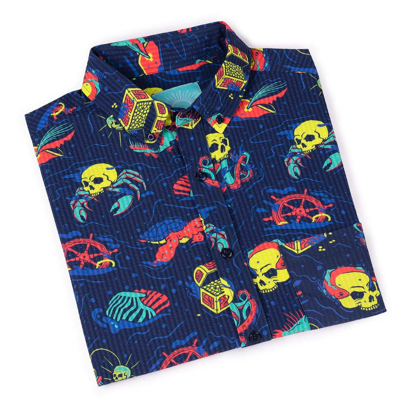RSVLTS What Lies Beneath Stretch Seersucker Short Sleeve Shirt in Blue — detail 9