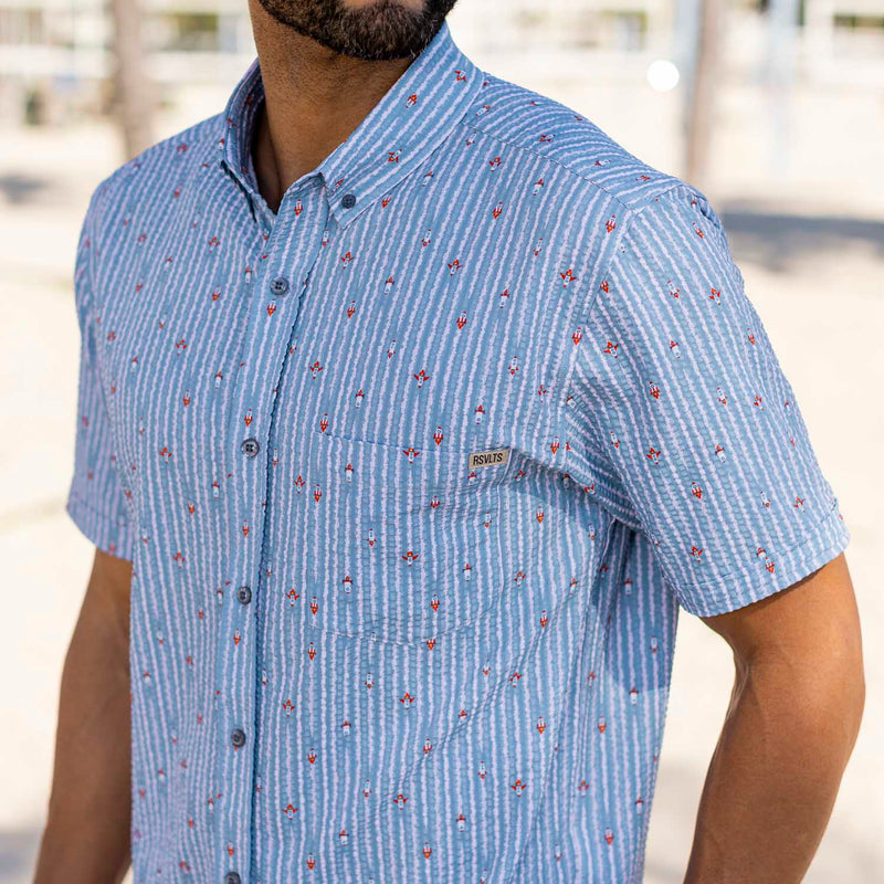 RSVLTS Blast Off! Stretch Seersucker Short Sleeve Shirt in Blue — front view