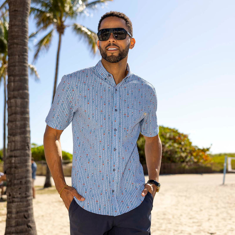 RSVLTS Blast Off! Stretch Seersucker Short Sleeve Shirt in Blue — detail 3