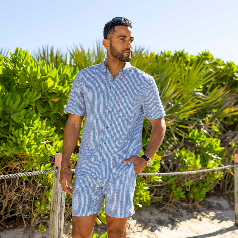 RSVLTS Blast Off! Stretch Seersucker Short Sleeve Shirt in Blue — detail 5