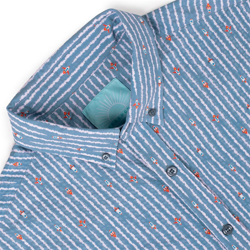 RSVLTS Blast Off! Stretch Seersucker Short Sleeve Shirt in Blue — detail 7