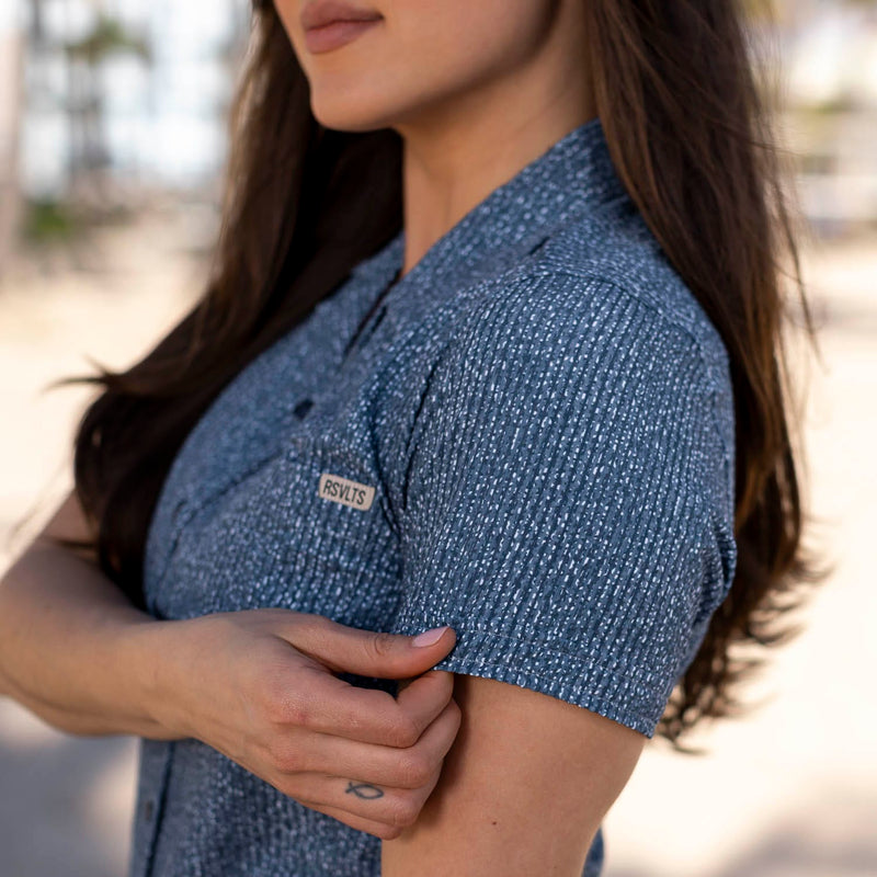 RSVLTS Static Women's Stretch Seersucker Short Sleeve Shirt in Blue — detail 5